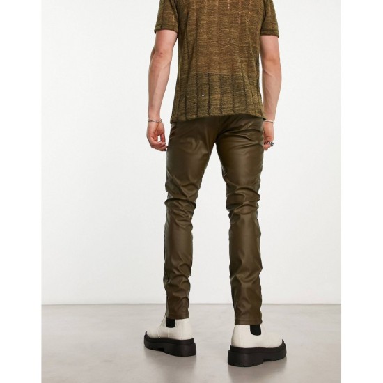 leather look skinny trousers in khaki