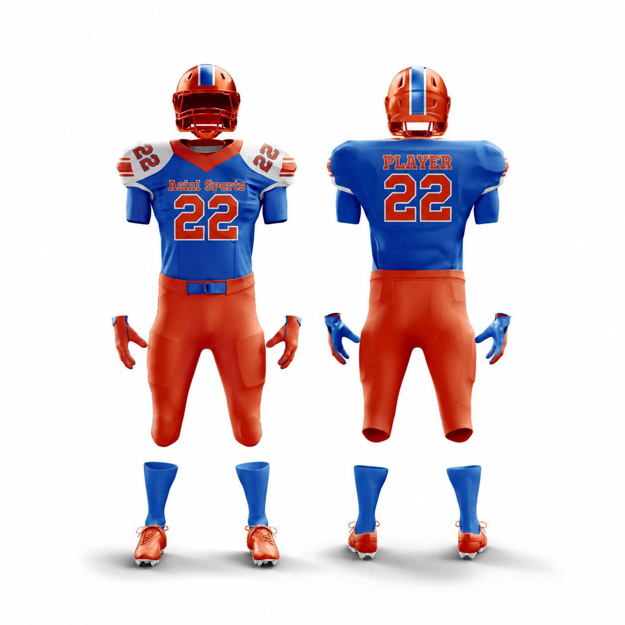 American Football Uniform in Blue and Orange with Modern Design