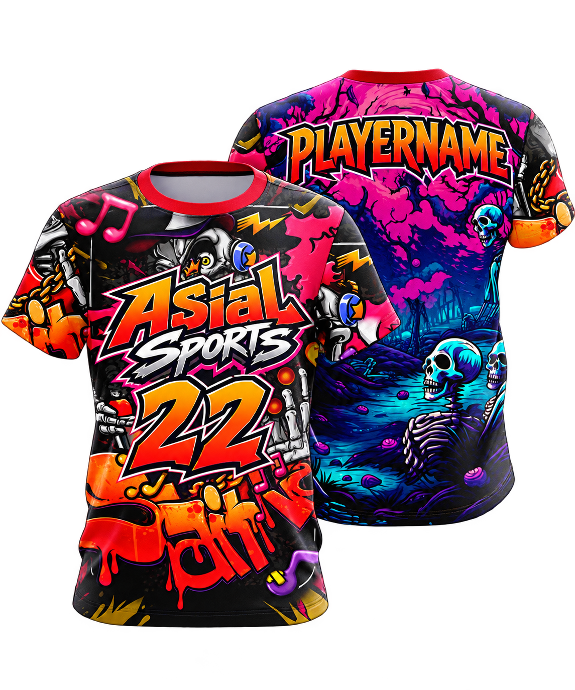 Graffiti & Skeleton Multi-Color Sports T-Shirt