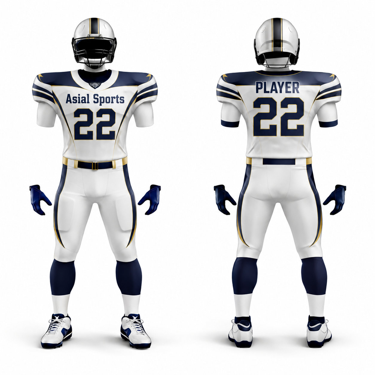 Custom Sublimated American Football Uniform Set With White Navy And Gold Elite Design