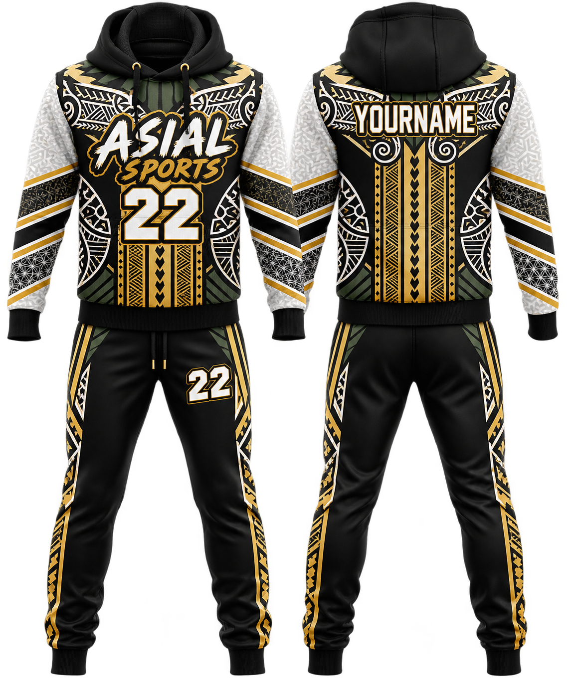 Custom Tribal Pattern Tracksuit in Black, Gold, and Green with Hoodie and Jogger Pants