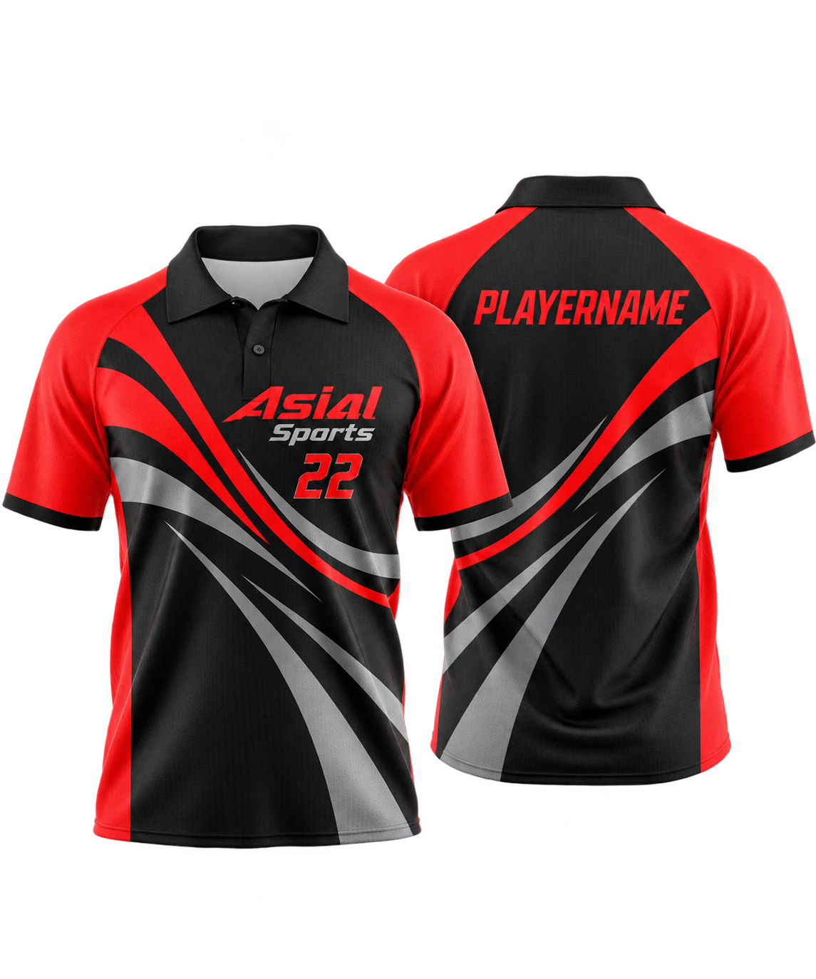 Black Red and Gray Raglan Polo Shirt with Dynamic Wave Line Motion Graphic Design