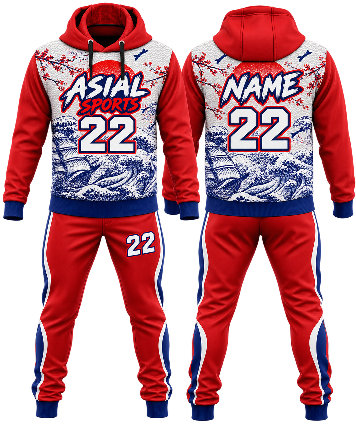 Custom Japanese Wave Tracksuit in Red and Navy with Hoodie and Jogger Pants