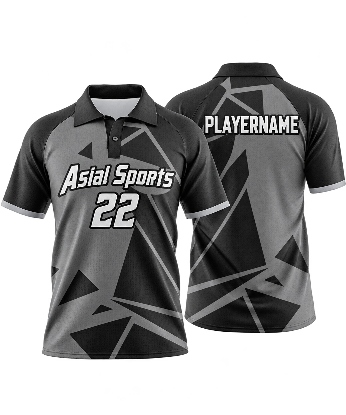 Black and Grey Raglan Polo Shirt with Abstract Geometric Design