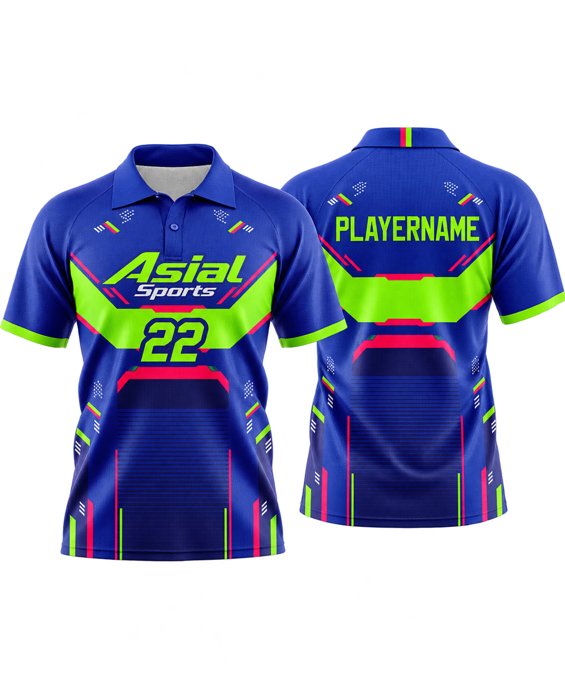 Blue Neon Green and Red Raglan Polo Shirt with Futuristic Tech Line Panel Graphic Design