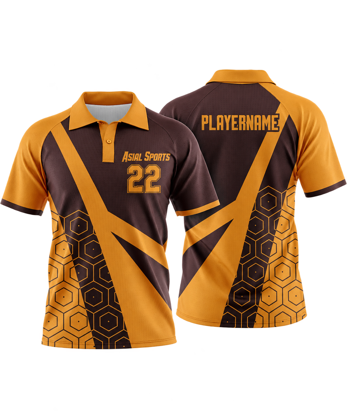 Brown and Golden Yellow Raglan Polo Shirt with Honeycomb Hexagonal and Angular Stripe Design