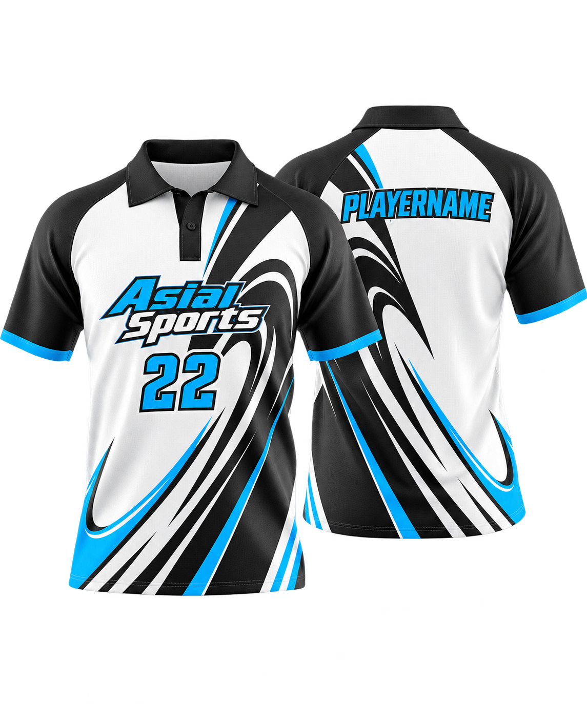 Black White and Aqua Raglan Polo Shirt with Dynamic Wave Swirl Line Graphic Design