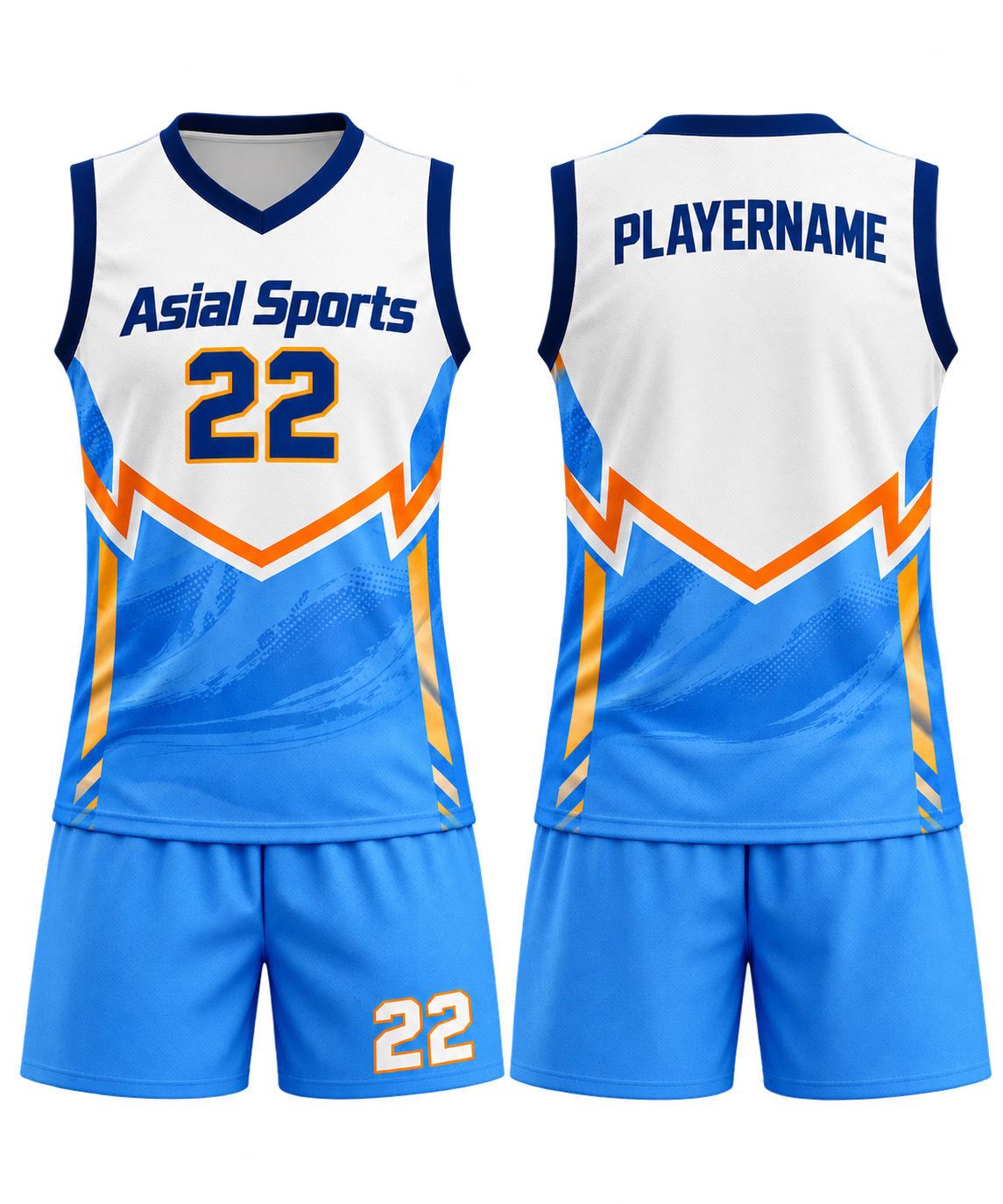 Custom Sublimated Volleyball Uniform Set White Sky Blue And Orange New You Sports Design