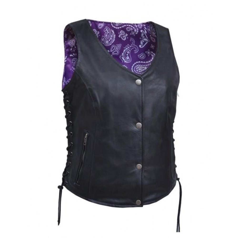 Ladies Leather Vest W/Purple Liner — image 1