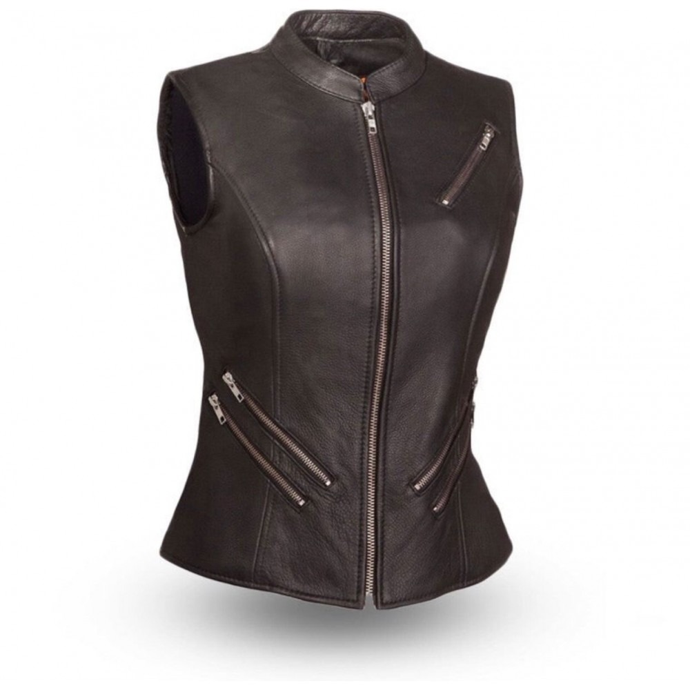 Black Women's Motorcycle Leather Vest — image 1