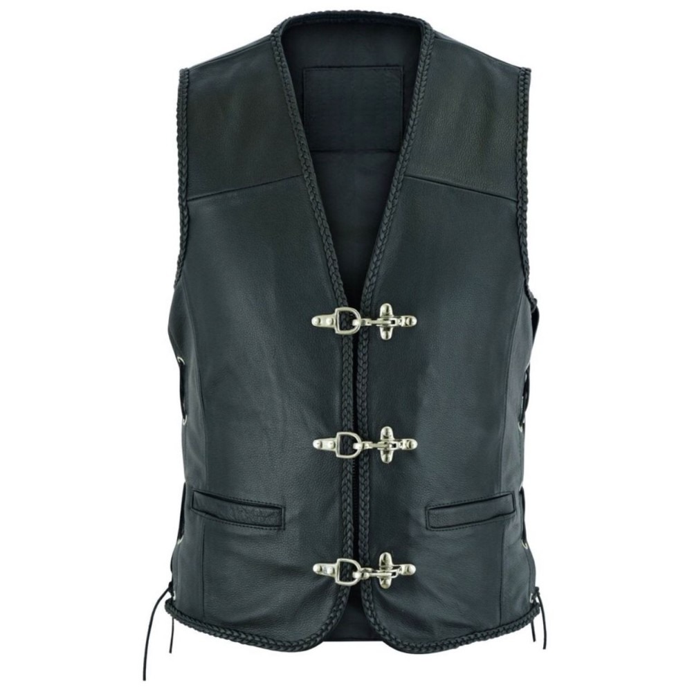 Plain Mens Leather Waistcoat Motorcycle Biker Vest Black with Hooks — image 1