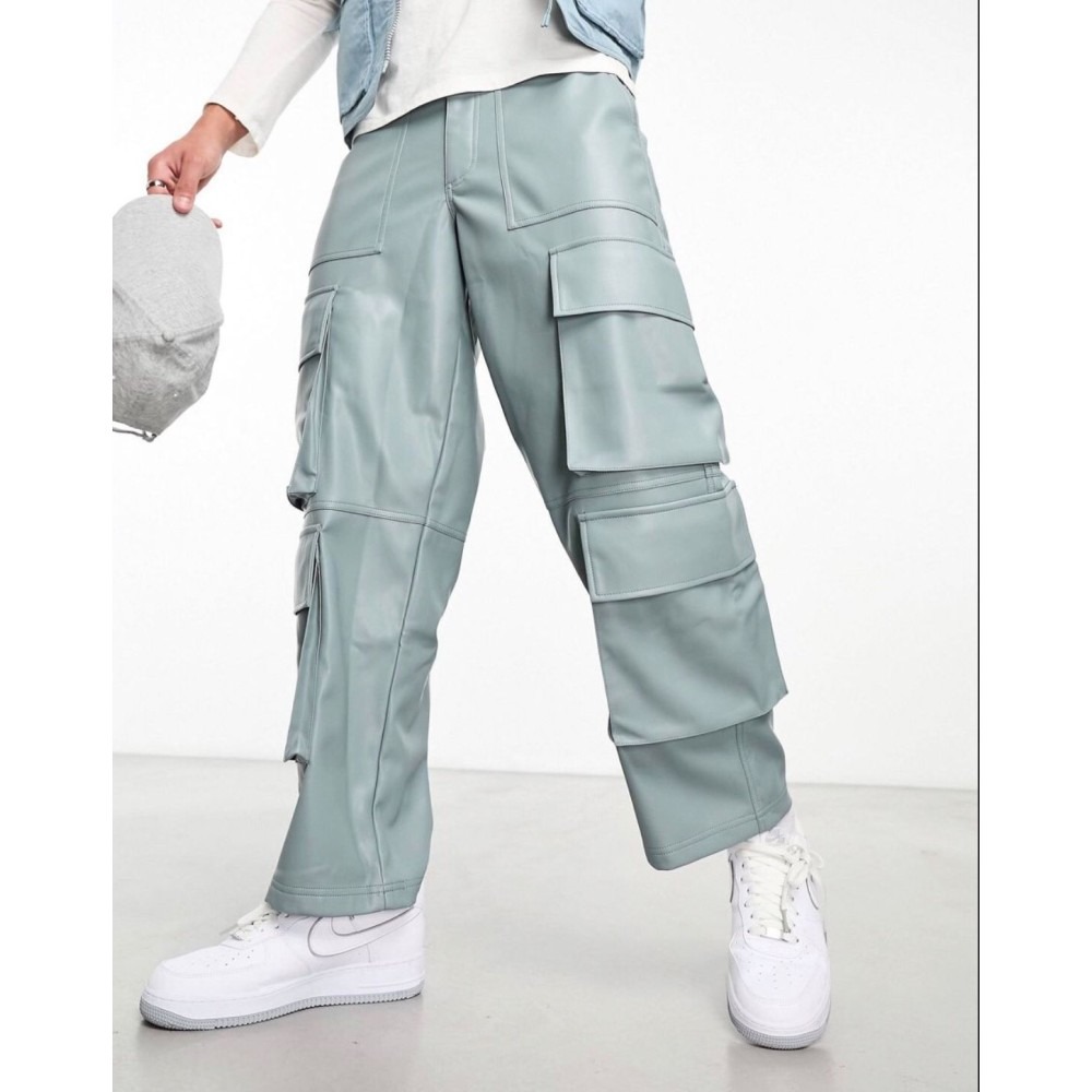 leather look cargo pants in blue — image 1