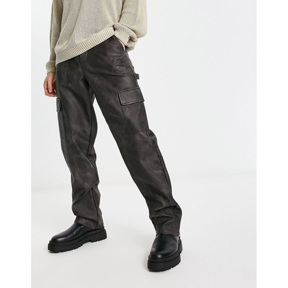 relaxed cargo trousers in washed leather look — image 1