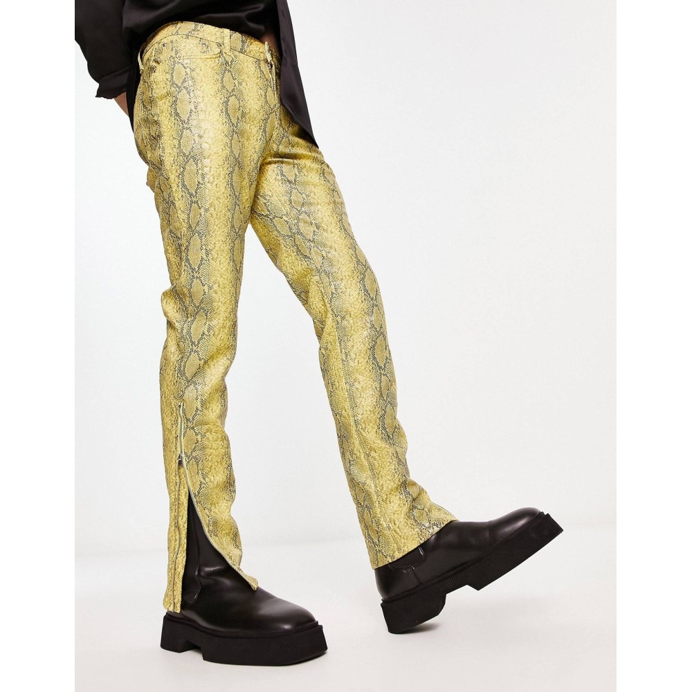 skinny leather-look pants in yellow snake print with zip detail — image 1