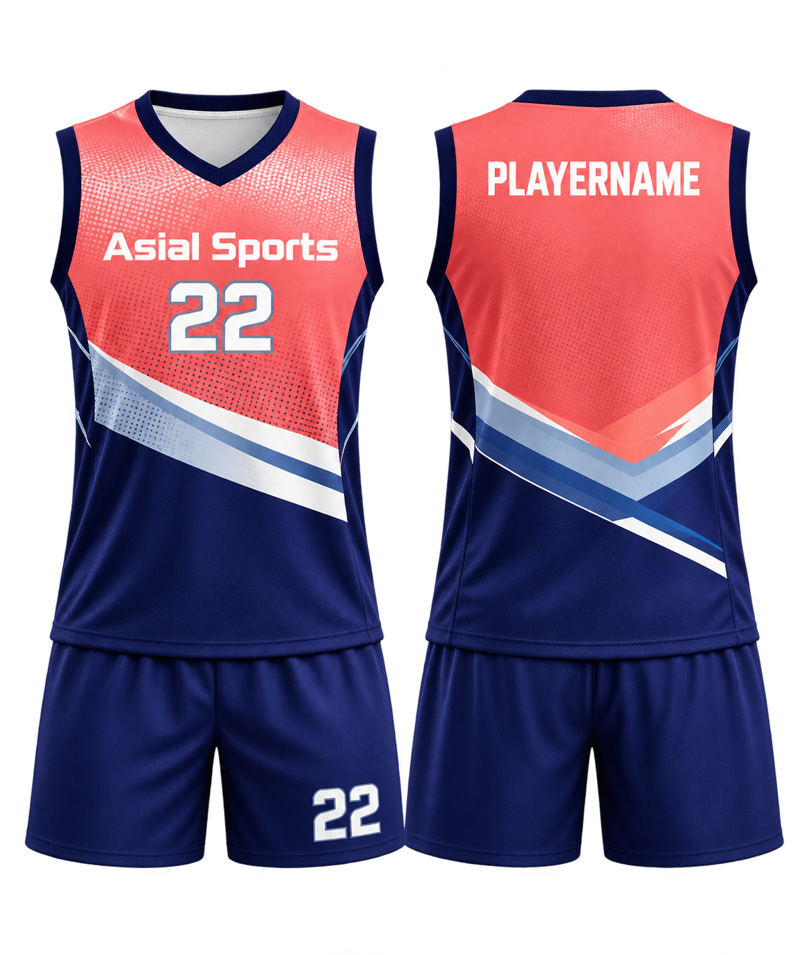 Custom Sublimated Volleyball Uniform Set Coral Pink And Navy New You Sports Design