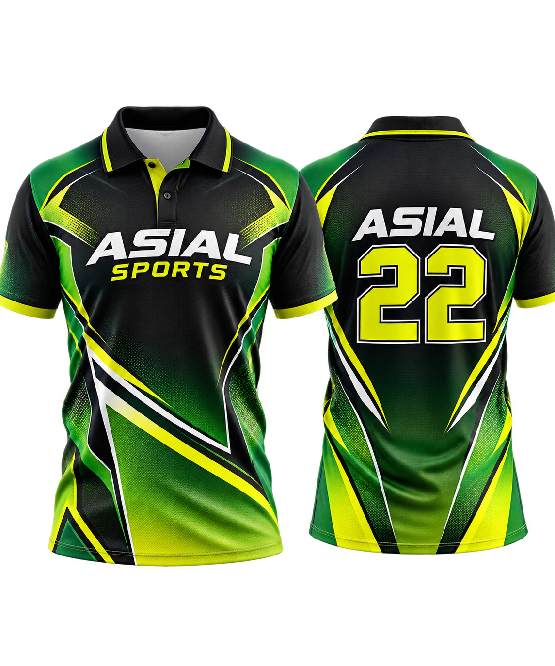Black Yellow and Green Raglan Polo Shirt with Gradient Energy Panel Line Design