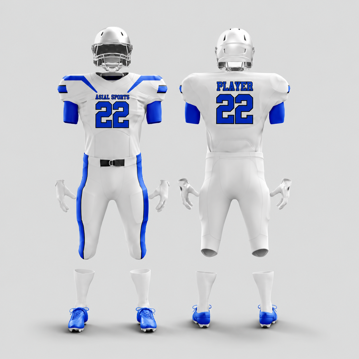 American Football Uniform in White with Blue Accents