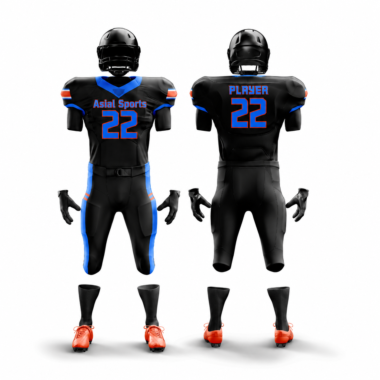 American Football Uniform in Black and Blue with Orange Accents