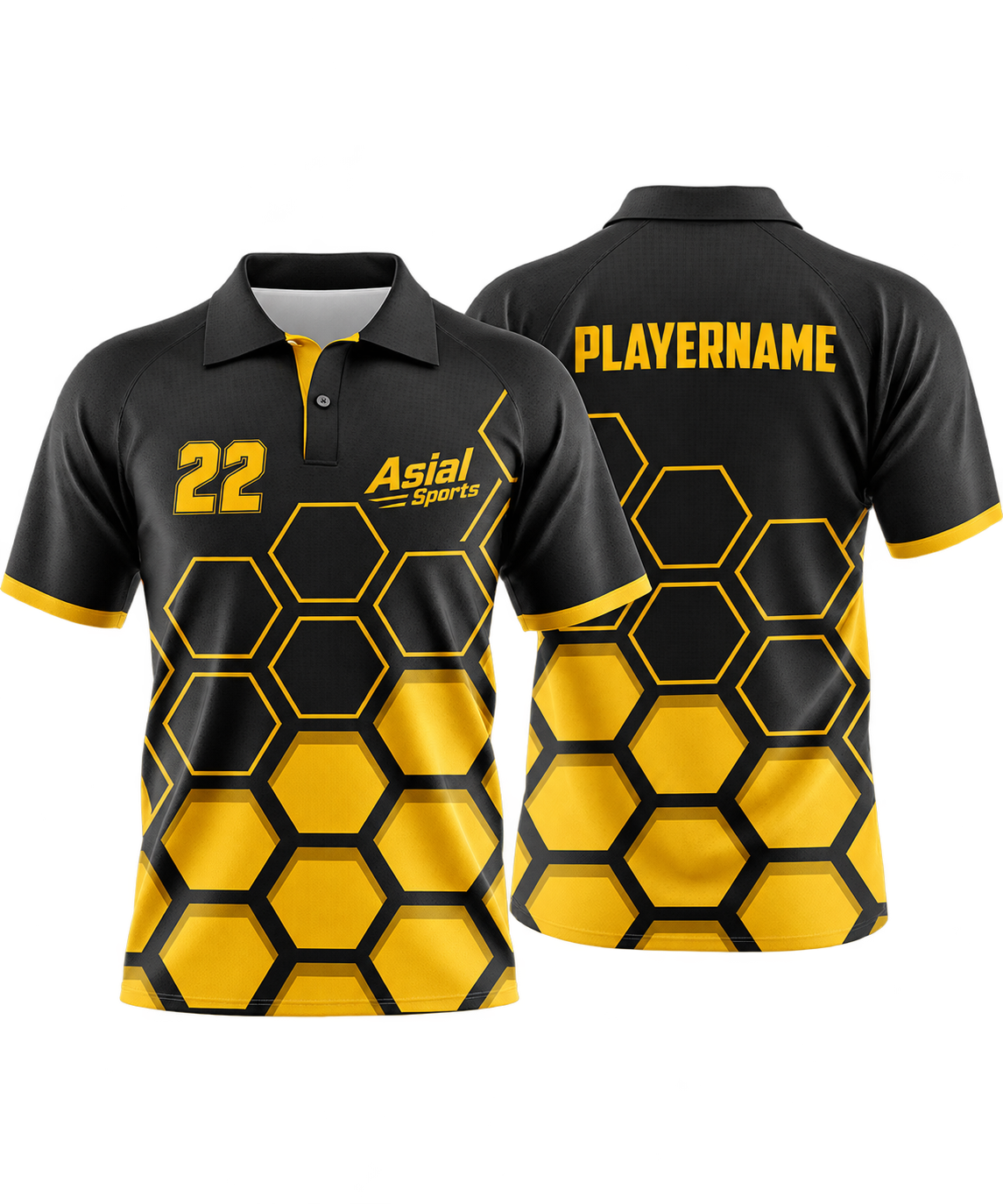 Black and Gold Raglan Polo Shirt with Hexagonal Honeycomb Design
