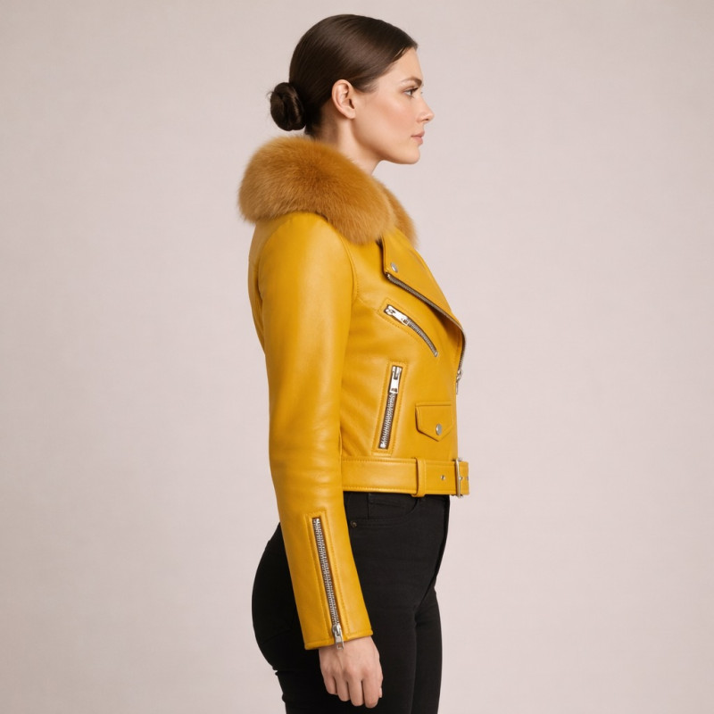 Premium Women Mustard Yellow Leather Biker Jacket With Fur Collar Zentro Leather Design — image 1