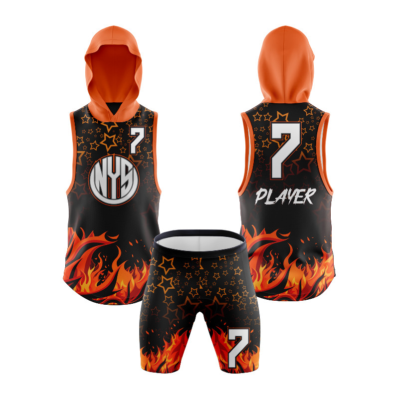 7v7 Sleeveless Hooded Football Uniform with Black and Orange Fire & Stars Design — image 1