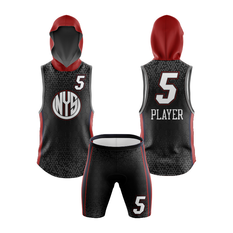 7v7 Sleeveless Hooded Football Uniform with Black and Red Geometric Design Featuring NYS Branding — image 1
