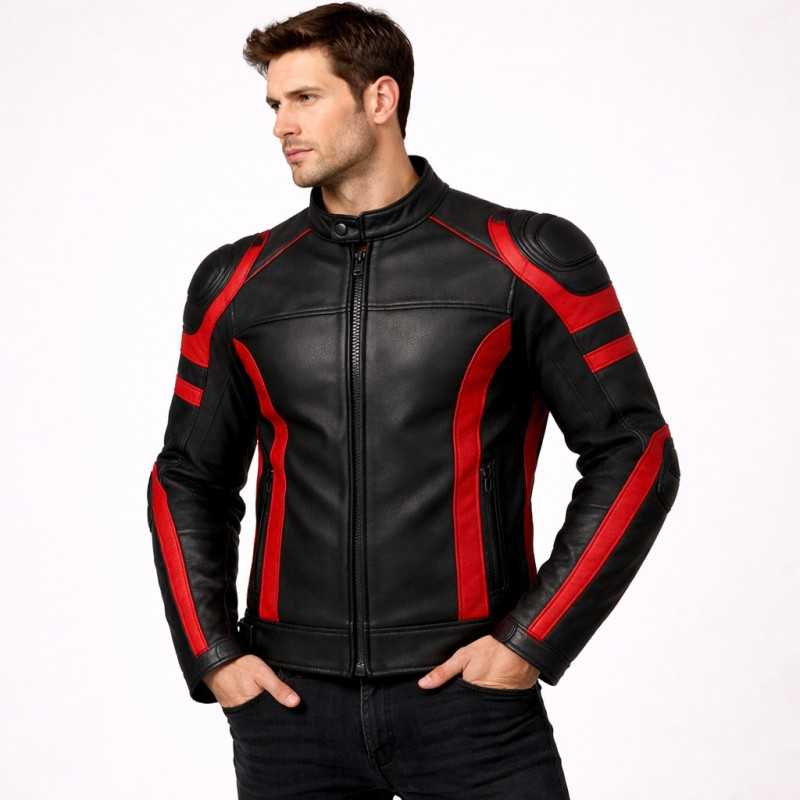 Premium Men Black And Red Armored Biker Leather Jacket Zentro Leather Design — image 1