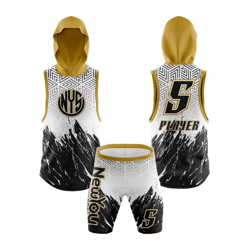 7v7 Sleeveless Hooded Football Uniform with Geometric and Brushstroke Design in White, Black, and Gold Featuring NYS Branding — image 1