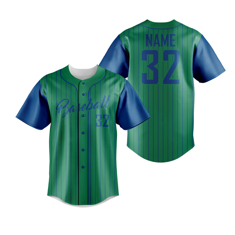Green Pinstripe Baseball Jersey With Bold Blue Sleeves, Classic Vertical Striping, And Fully Customizable Team Name And Player Number — image 1