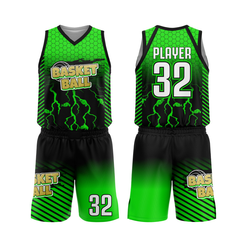 Green Electric Storm Basketball Uniform with Futuristic Design Inspired by Energy and Lightning, Featuring Honeycomb Pattern in Black and Neon Green — image 1