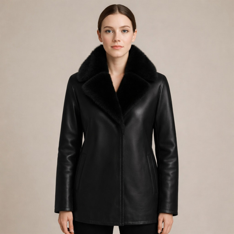 Premium Women Black Leather Coat With Fur Collar Zentro Leather Design — image 1