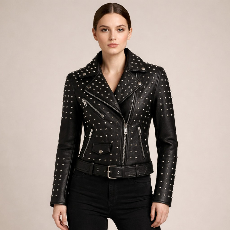 Premium Women Black Studded Leather Biker Jacket Zentro Leather Design — image 1