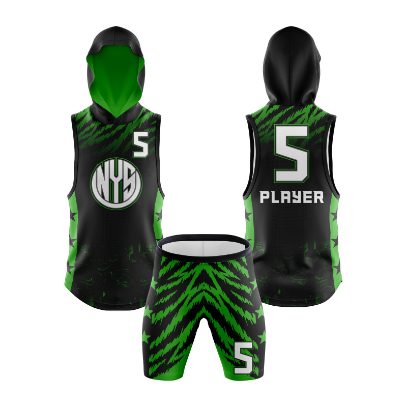 7v7 Sleeveless Hooded Football Uniform with Black and Green Tiger Stripe Design Featuring NYS Branding — image 1