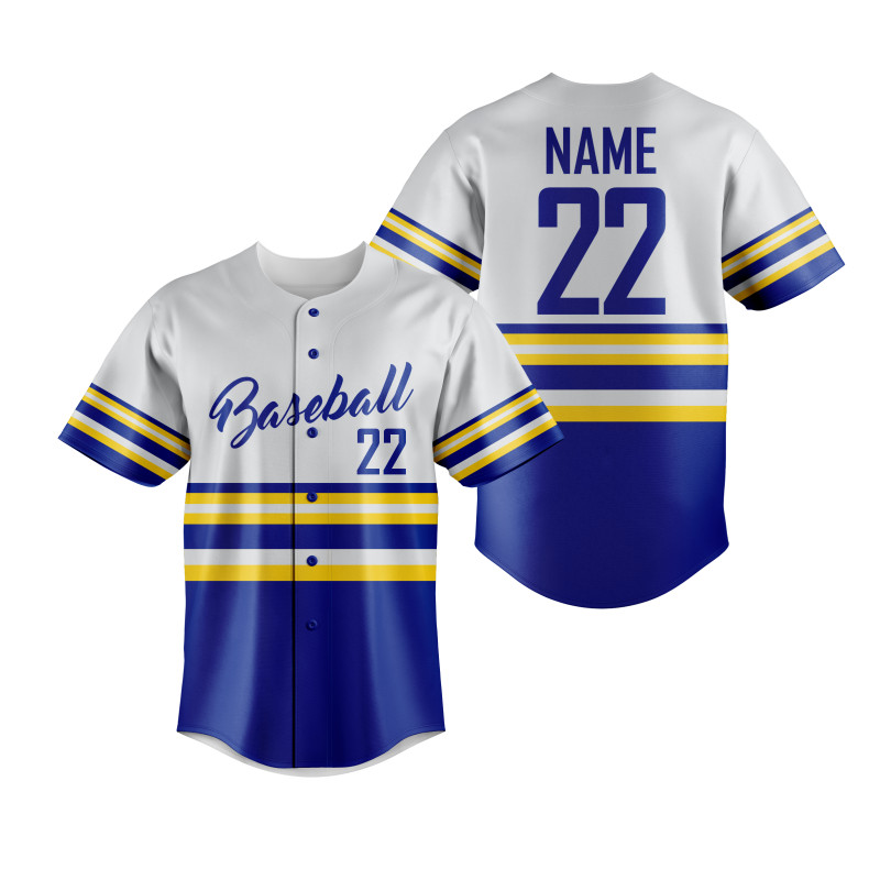 White And Royal Blue Baseball Jersey With Bold Yellow Stripes, Modern Split-Color Design, And Customizable Name And Player Number — image 1