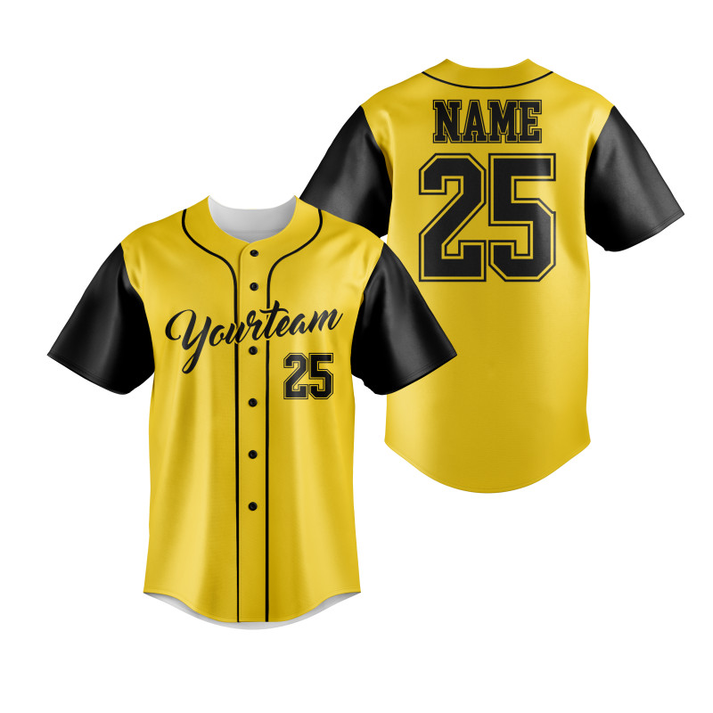 Golden Yellow Baseball Jersey With Bold Black Sleeves, Sharp Contrast Piping, And Fully Customizable Team Name And Player Number — image 1