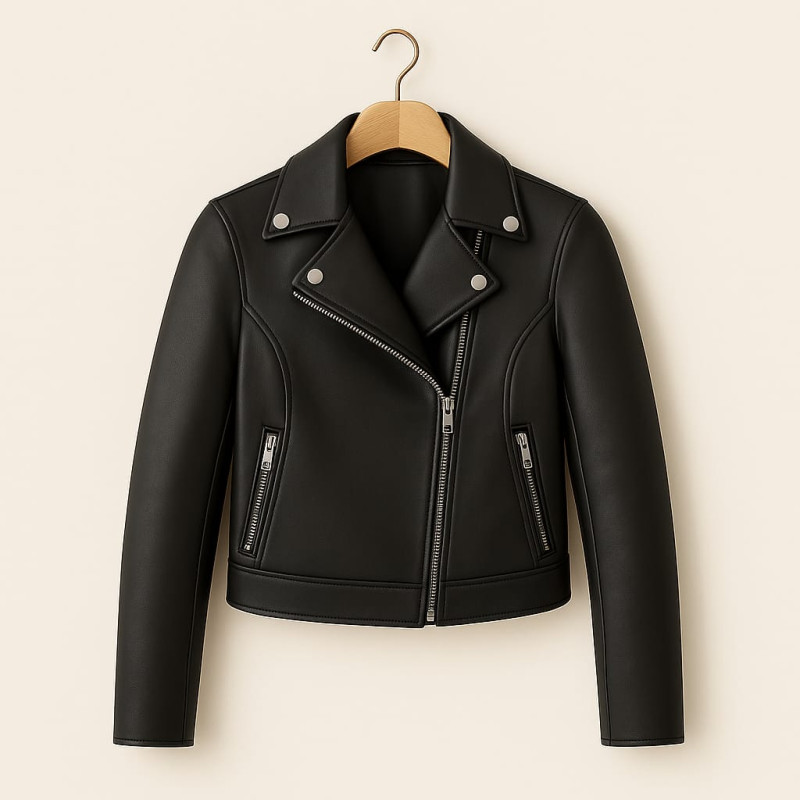 Black Leather Biker Jacket With Classic Lapel, Front Zipper Closure And Premium Sleek Finish — image 1