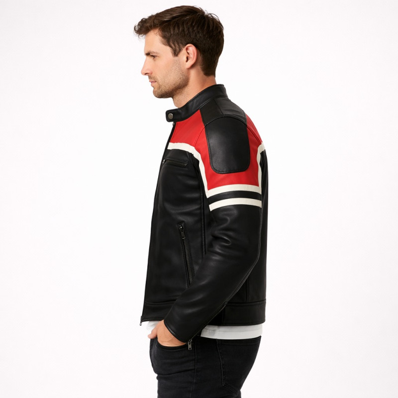 Premium Men Black Red And White Cafe Racer Leather Jacket Zentro Leather Design — image 1