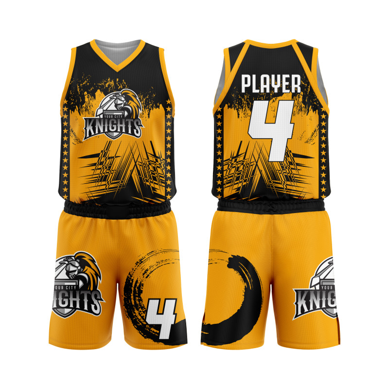 Black and Gold "City Knights" Basketball Uniform with Bold Design Inspired by Power and Courage, Featuring Warrior Logo and Abstract Art Patterns — image 1