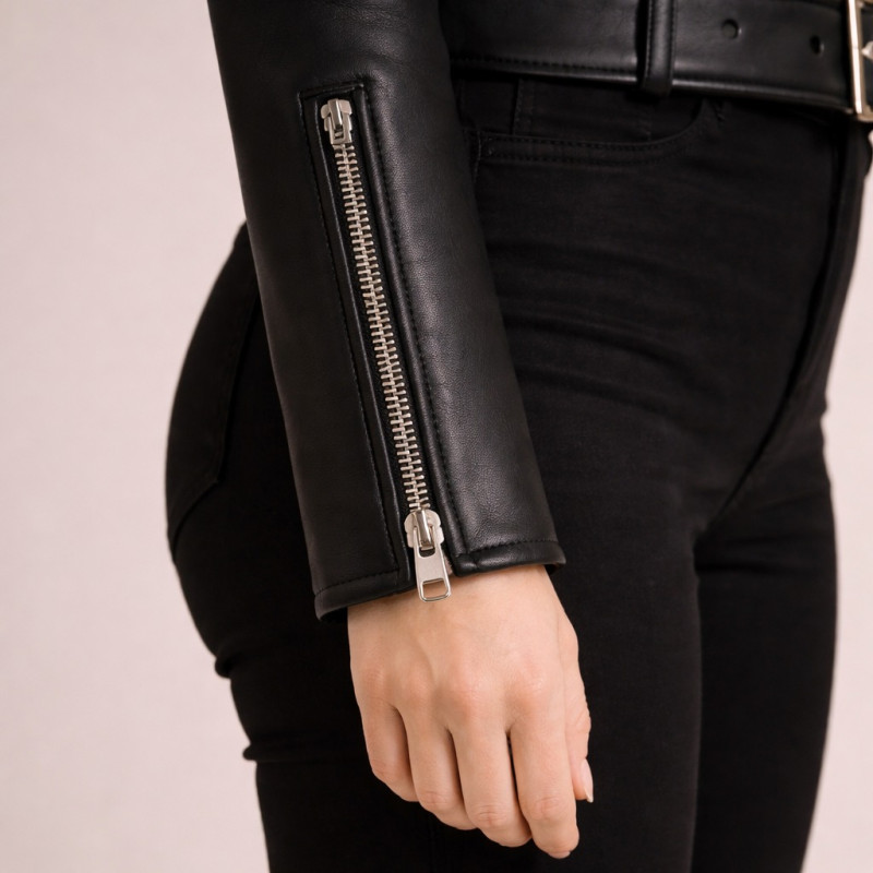 Premium Women Black Leather Biker Jacket With Fur Collar Zentro Leather Design — image 1