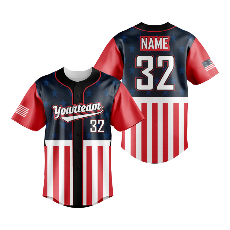 Patriotic American Flag Baseball Jersey With Bold Red Sleeves, Star-Patterned Upper Body, And Customizable Team Name And Number Design — image 1