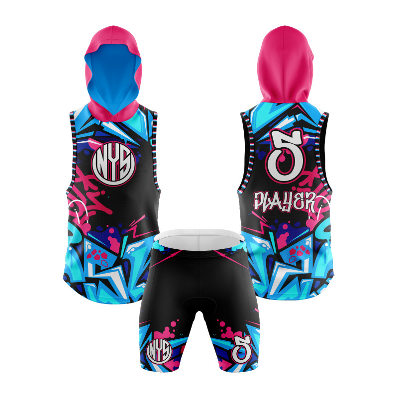 7v7 Sleeveless Hooded Football Uniform with Graffiti-Inspired Abstract Design in Black, Teal, Pink, and Blue — image 1