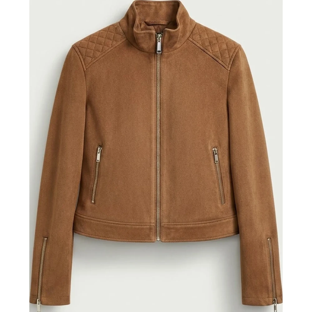 Tan Faux Suede Patch Pocket Leather Jacket Zip Front & Corduroy Collar - Sialwear International — image 1