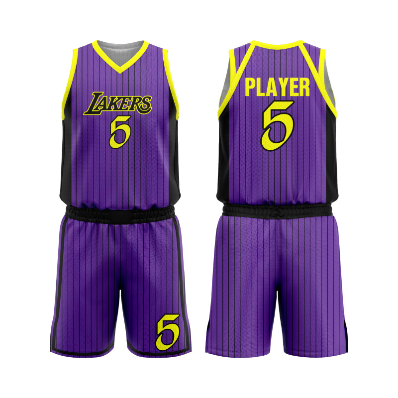 Purple and Black "Lakers Classic" Basketball Uniform with Vertical Stripes and Bold Yellow Accents, Inspired by Legendary Teams — image 1