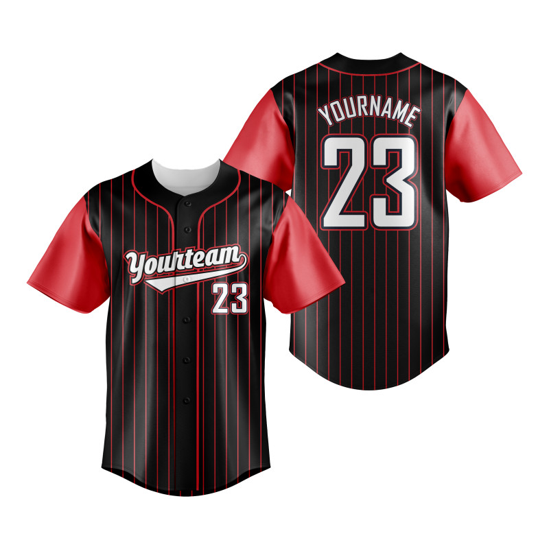 Black And Red Pinstripe Baseball Jersey With Bold Sleeve Design And Customizable Team Logo And Number — image 1