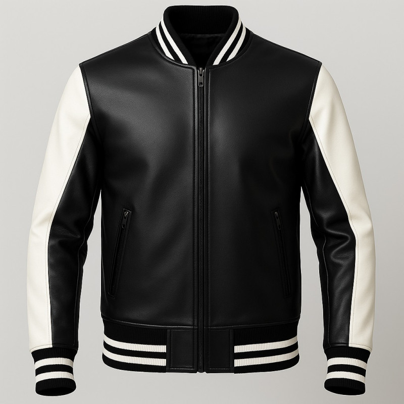 Premium Black And White Varsity Leather Jacket Zentro Leather Design — image 1