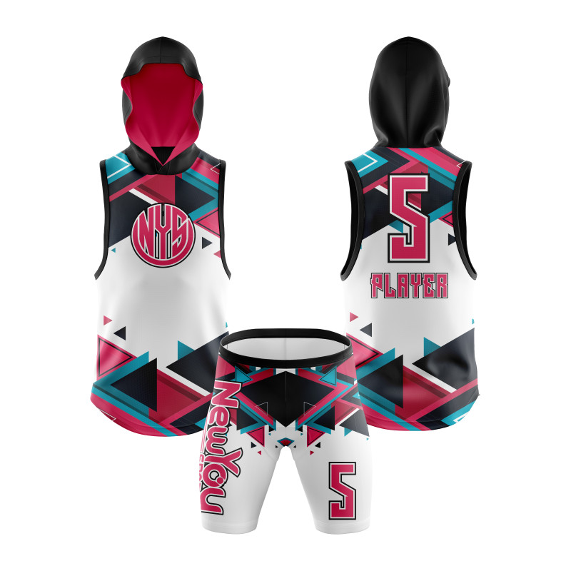 7v7 Sleeveless Hooded Football Uniform with Modern Geometric Design in White, Black, Red, and Teal Featuring NYS Branding — image 1