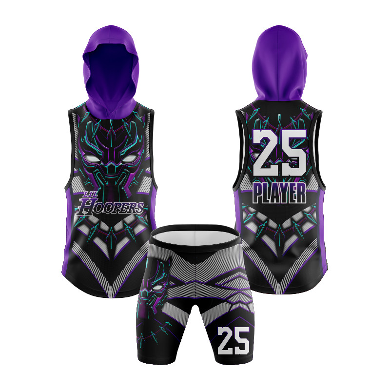 7v7 Sleeveless Hooded Football Uniform with Black, Purple, and Teal Futuristic Panther Design Featuring Lil Hoopers Branding — image 1
