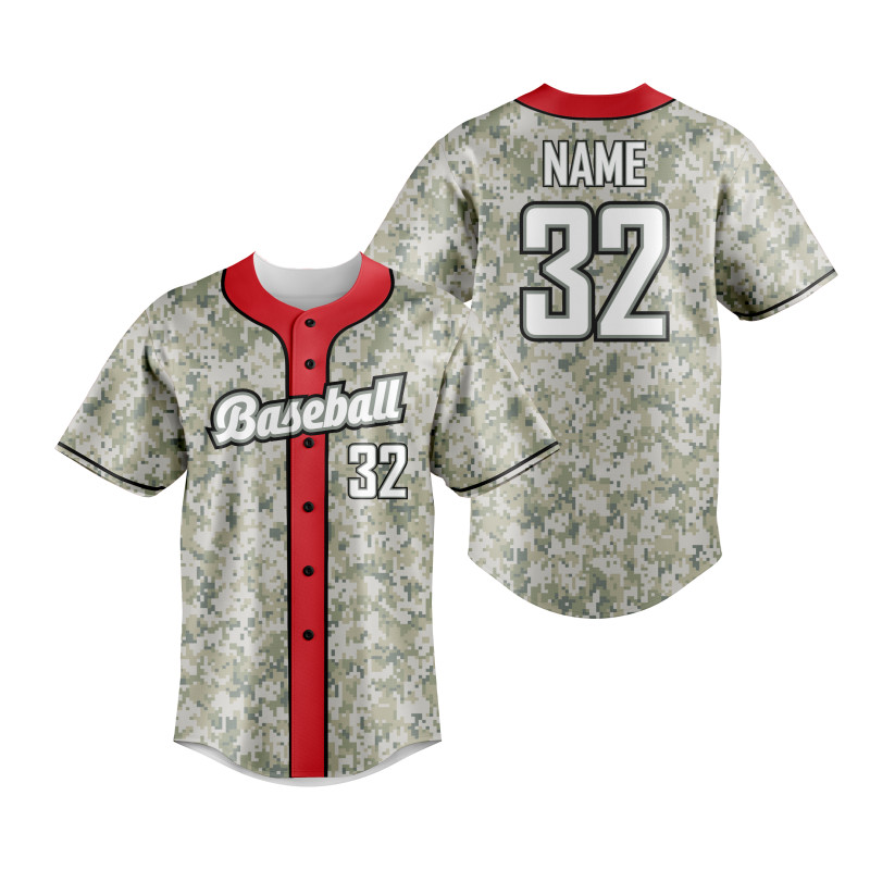 Digital Camo Baseball Jersey With Military-Inspired Pixel Pattern, Bold Red Center Panel, And Customizable Team Name And Number — image 1